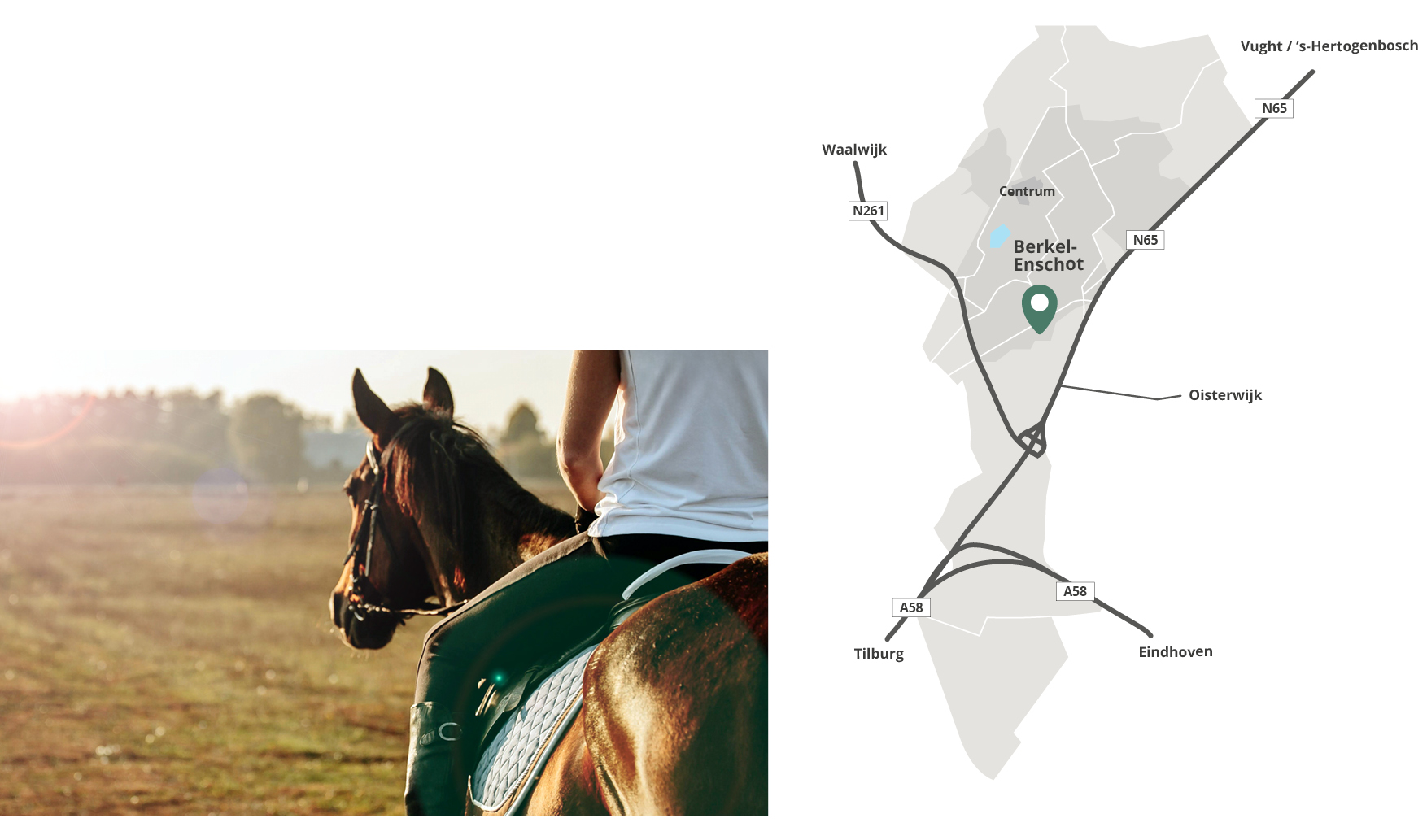 Sfeerbeelden. Links persoon op een paard en rechts een tekening van de ontsluiting van Berkel-Enschot.